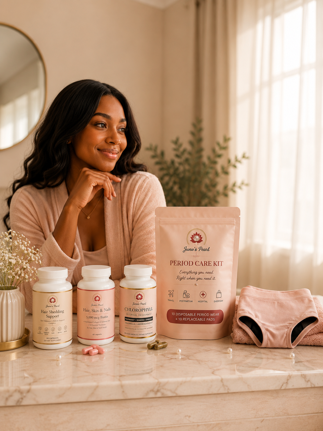 A woman beside the Juno's Pearl supplement line, Period Care Kit, and period underwear